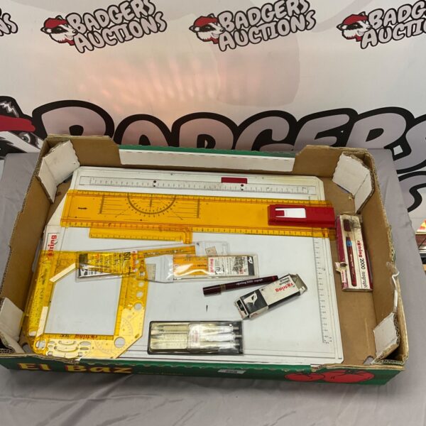 Vintage drafting tools collection including set squares and protractor.