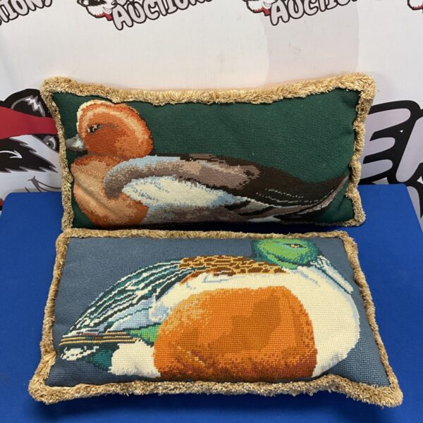 Pair of vintage duck embroidery cushions with detailed designs.