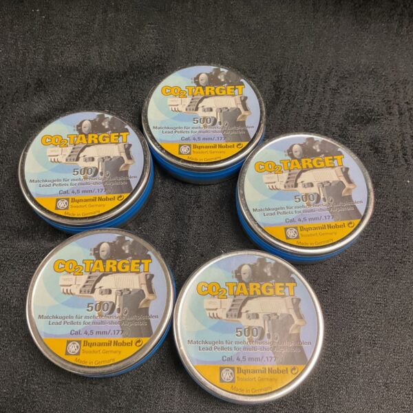 Vintage Dynamit Nobel Co2 Target pellets in .177 caliber tins for air rifles.