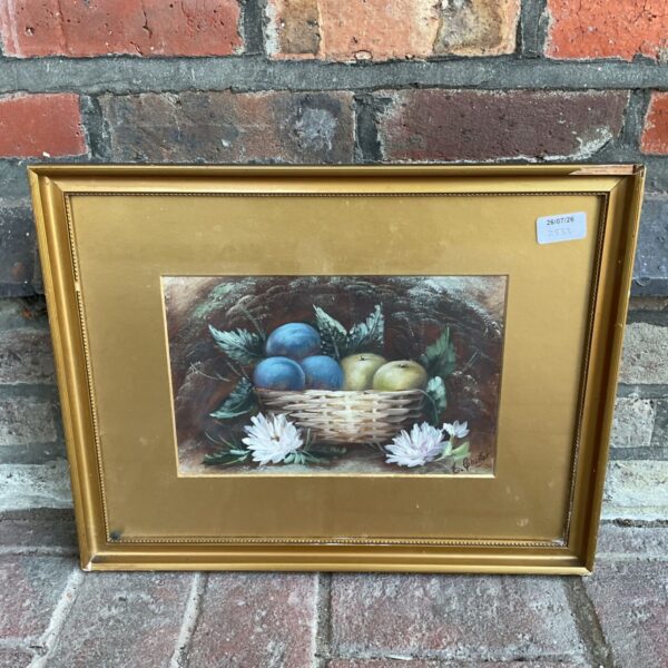 Vintage E Chester still life oil painting of fruit in a bowl.