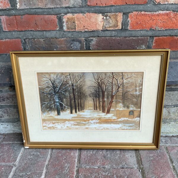 E G Fryer watercolour painting of a winter landscape with a tree-lined driveway.
