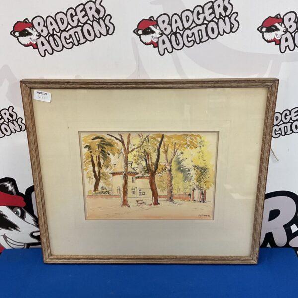 E J Fedarb watercolour painting of a gatehouse with trees.