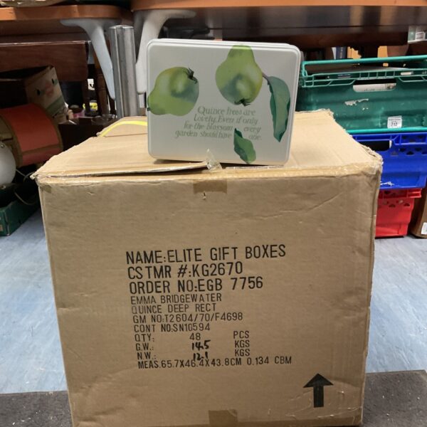 Box of 48 Emma Bridgewater quince tins for kitchen storage.