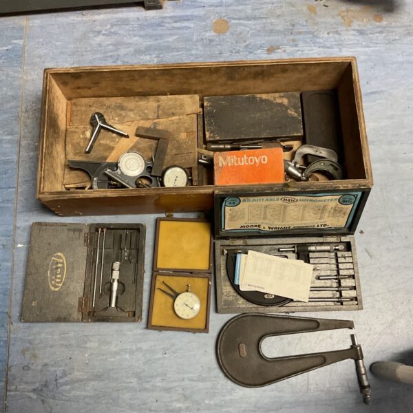 Vintage engineering tool lot with Moore & Wright micrometers and gauges.
