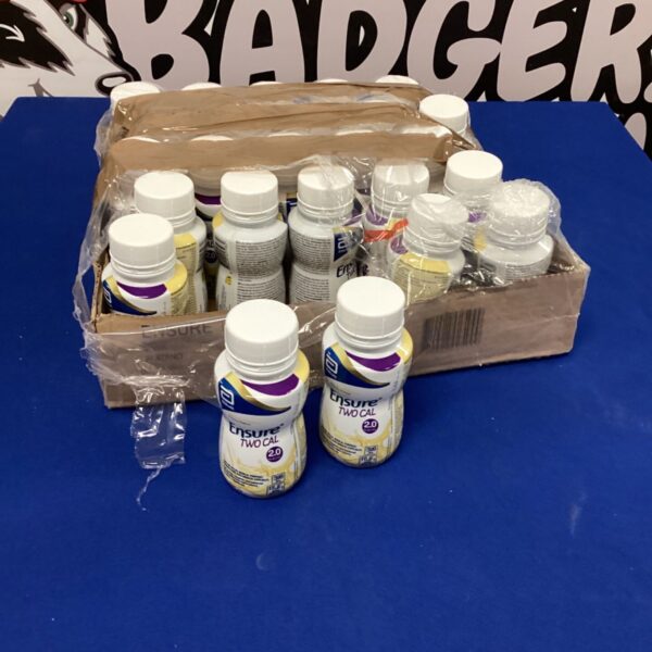 Case of unopened Ensure Two Cal nutritional shakes for dietary supplementation.
