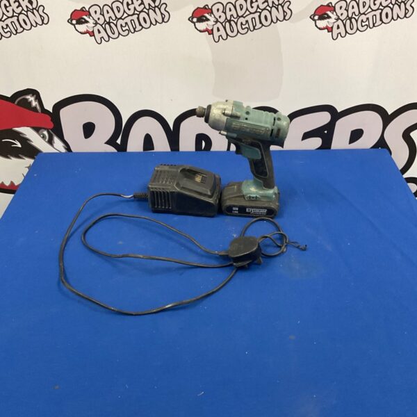 Erbauer cordless drill with charger, showing the power tool and its charging base.