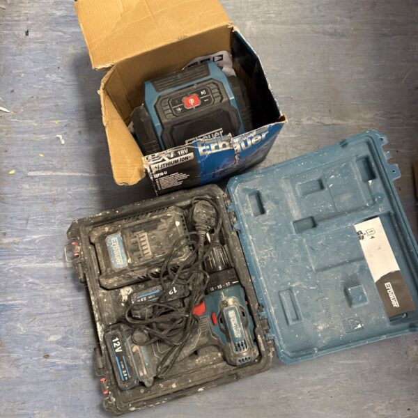 Erbauer cordless drill set and small site radio in used condition.