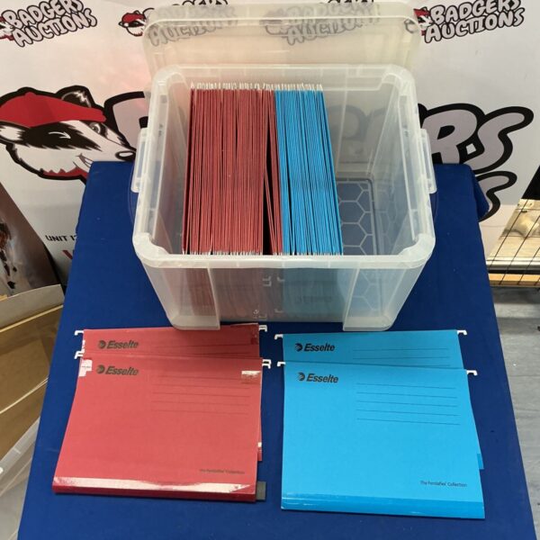 Lot of red and blue Esselte Pendaflex folders for document filing.