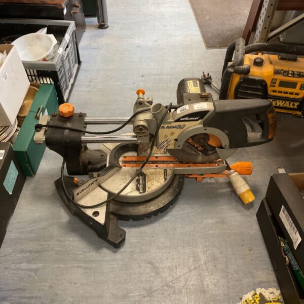 Used Evolution RAGE3 sliding mitre saw for woodworking projects.