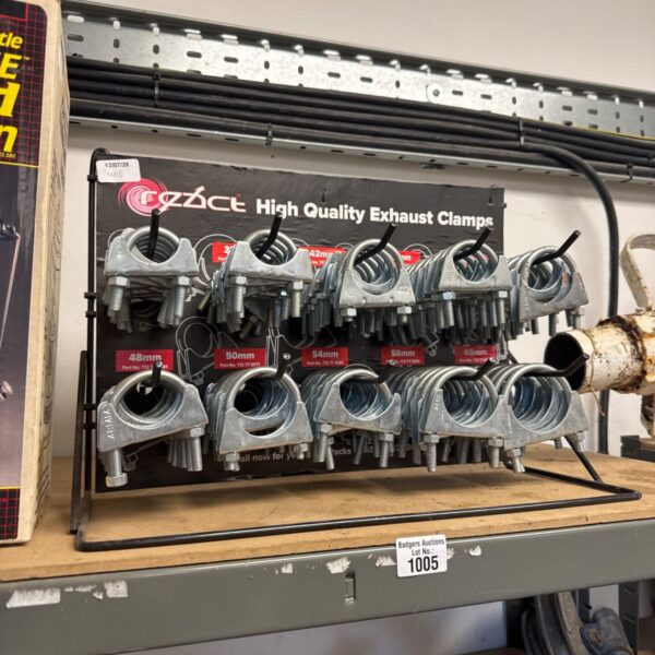 Assorted react exhaust clamps for automotive exhaust repair.