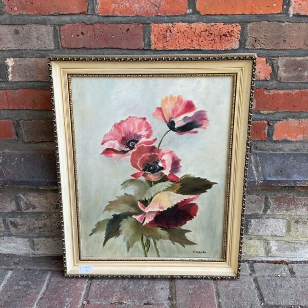 Vintage F Herring oil painting of red poppies in a gold frame.