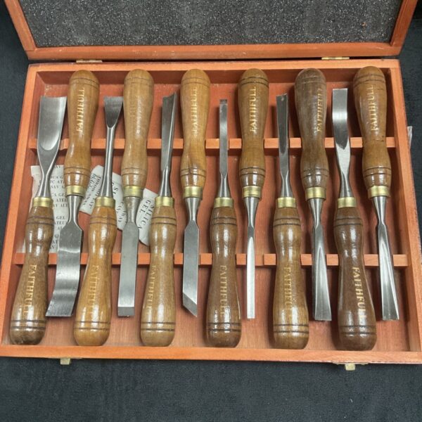 Faithfull wood carving chisel set displayed in a wooden case.