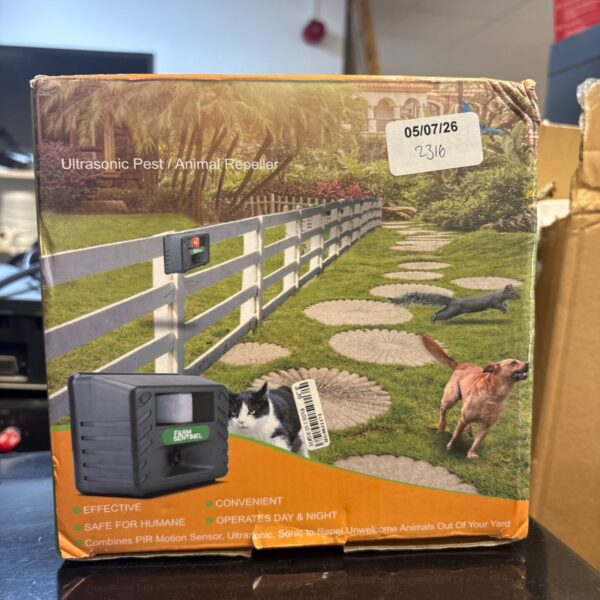 Farm Sentinel ultrasonic pest repeller model 050726 for garden protection.