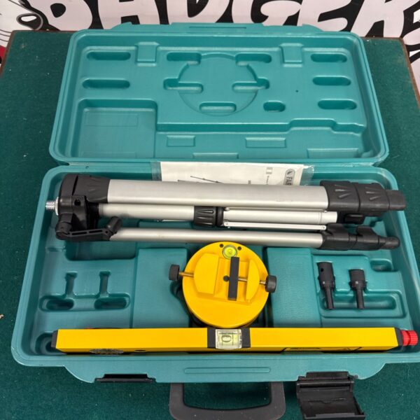 Fartools laser level set with tripod in open case.