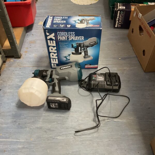 Ferrex 20V cordless paint sprayer with battery and nozzle.