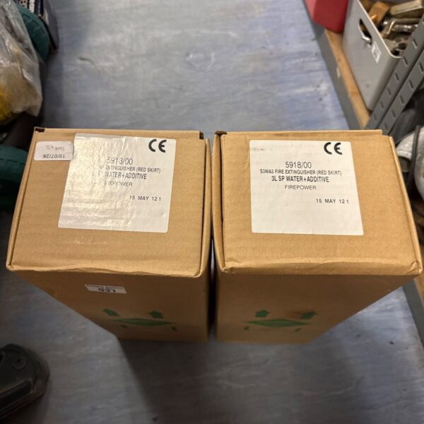 New boxed 3L water and additive fire extinguisher for fire safety.