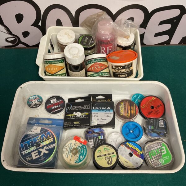 Vintage fishing line and bait dips lot, including Hutchinson products.