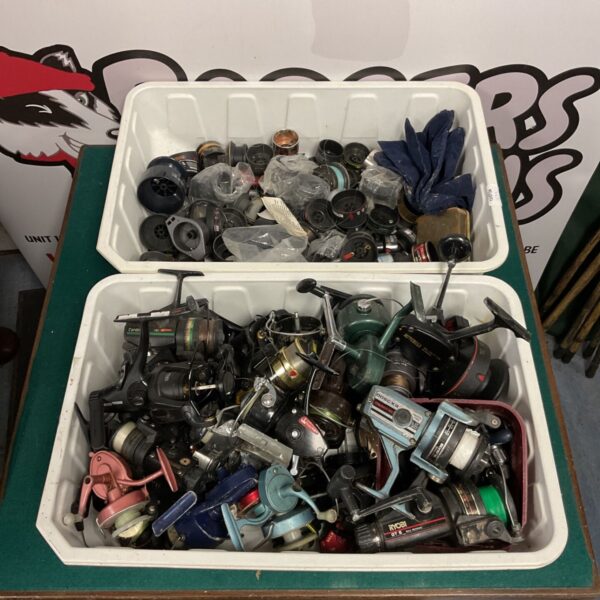 Large collection of vintage fishing reels including Mitchell and Intrepid.