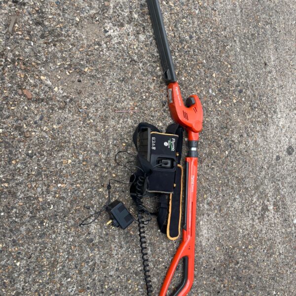 Flymo SabreCut 24V electric hedge trimmer with long reach pole.