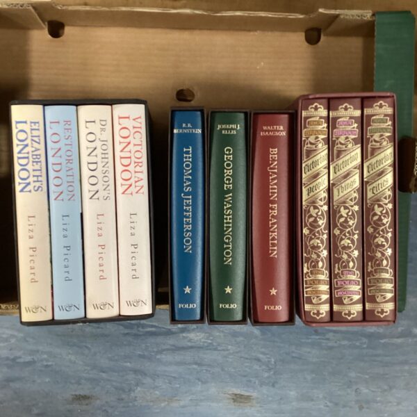 Folio Society books including Liza Picard’s London series and presidential biographies.