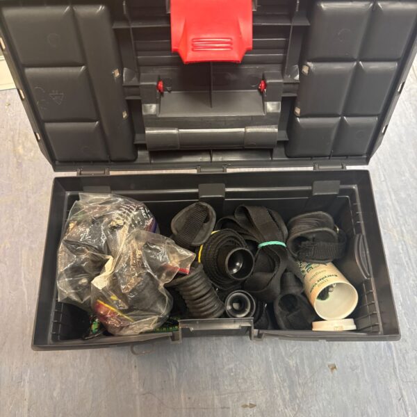 Fortools plastic toolbox filled with various tools and hardware.