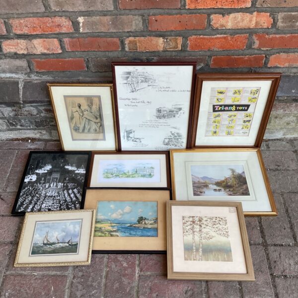 Group of vintage framed prints including Triang Toys advert.