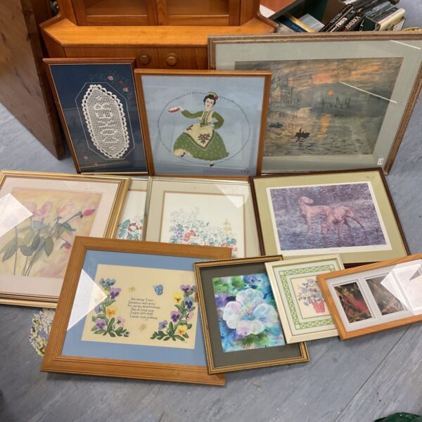 Joblot of vintage framed prints and embroidered artworks for wall decor.