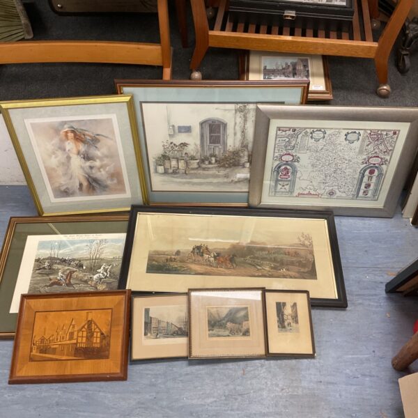 Collection of antique framed prints and engravings, including a Buckinghamshire map.