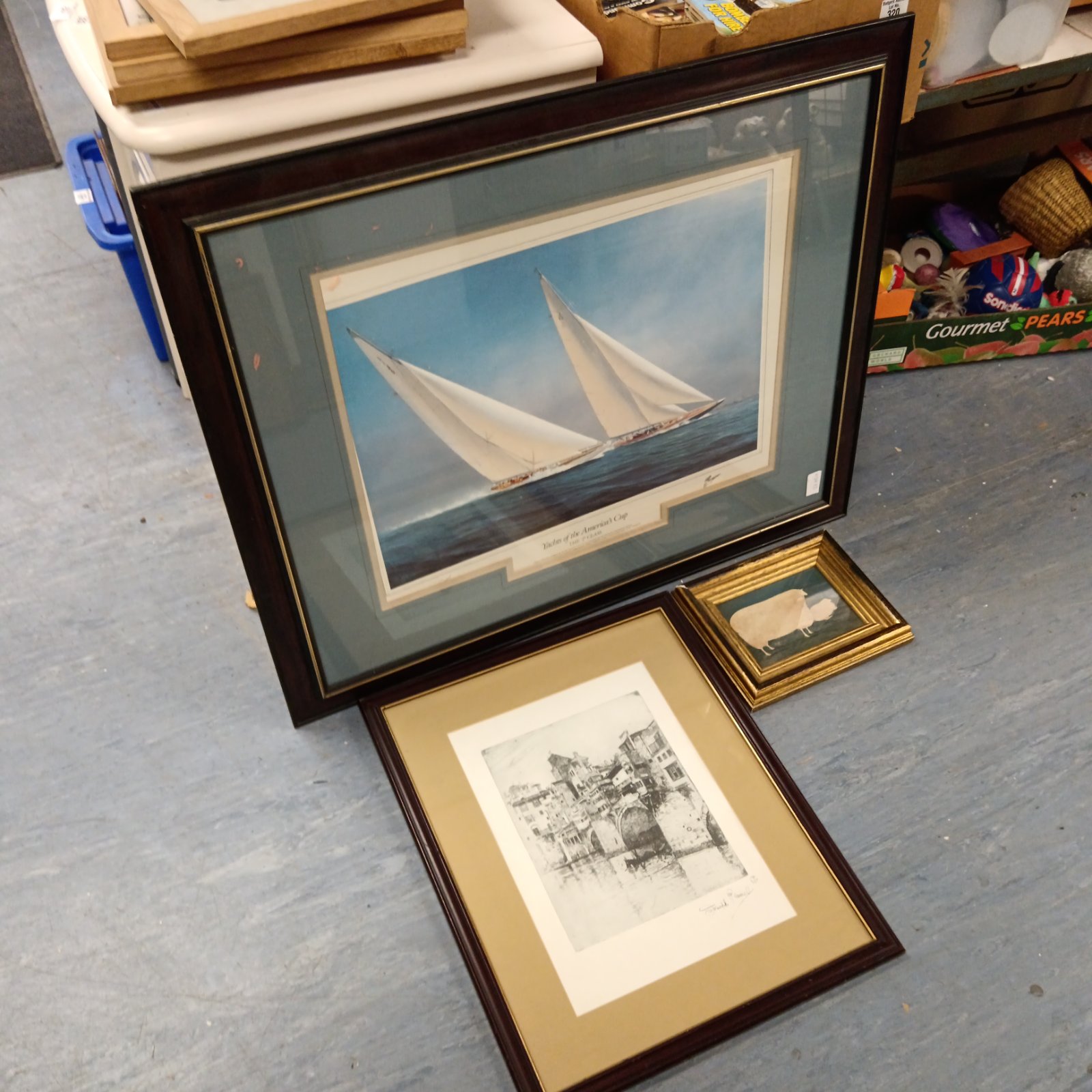 Framed yacht and sheep prints by M Thompson and Joseph Pamell.
