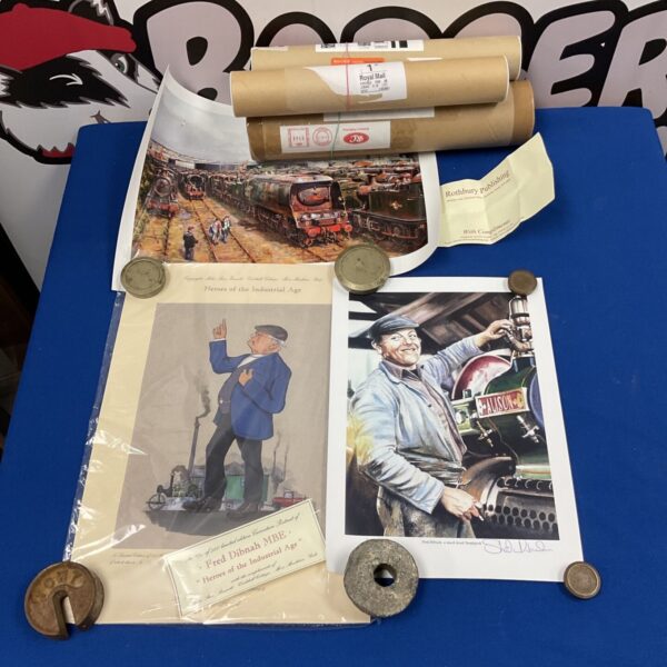 Fred Dibnah prints collection including steam engine and signed portrait.