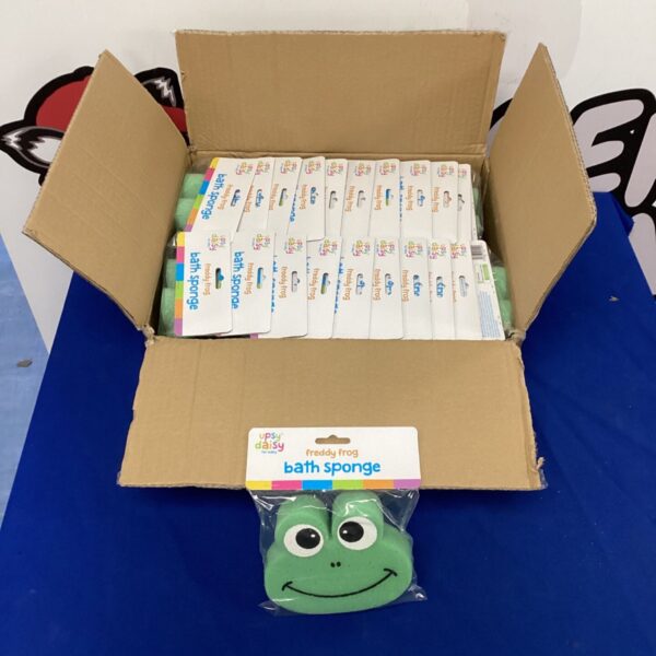 Box of unused Freddy Frog bath sponges for bathroom cleaning.