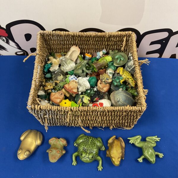 Large collection of vintage frog and toad ornaments, including cloisonne.