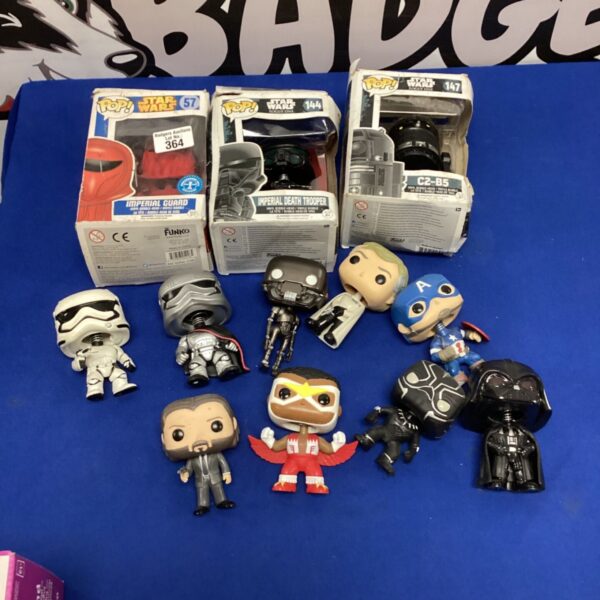 Funko Pop Star Wars figures including Darth Vader and Stormtrooper.