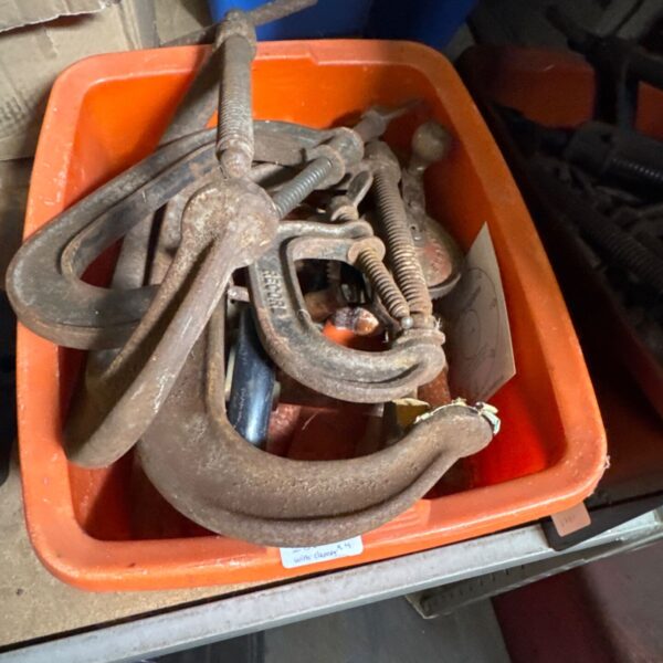 Assorted G clamps including Record brand, workshop tools for sale.