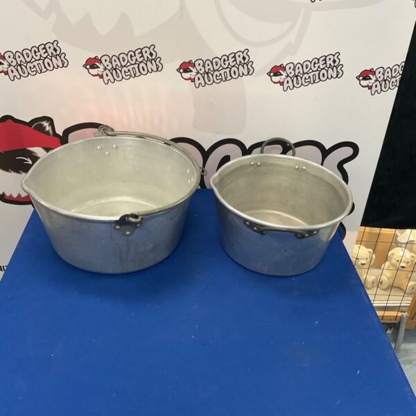 Pair of vintage galvanised jam pots for rustic kitchen display.