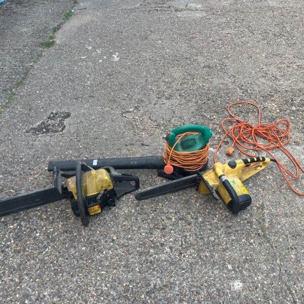 Lot of used electric chainsaws and garden blower for sale.