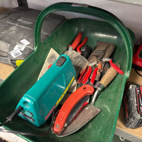 Garden trug with Bosch cordless drill and assorted tools.