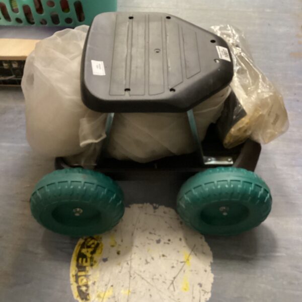 Garden wheeled stool with four wheels for easy movement.