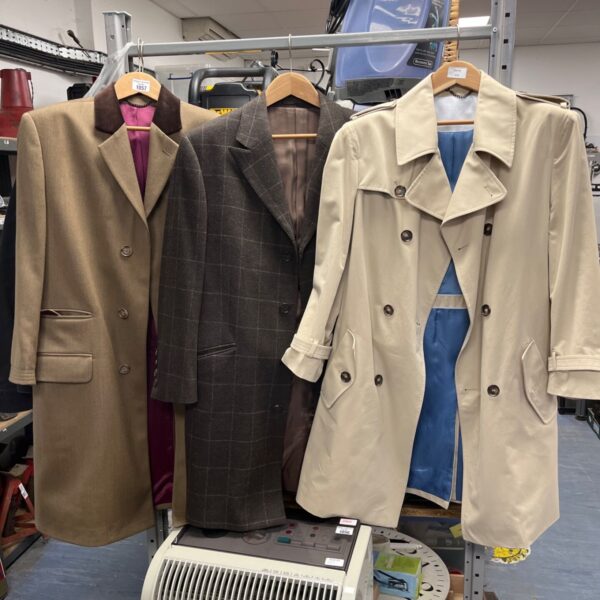 Lot of three vintage gentleman’s jackets, tweed, navy and overcoat.