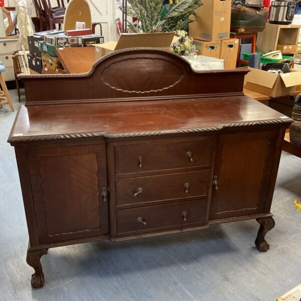 Antique Georgian mahogany sideboard with three drawers and gallery back.