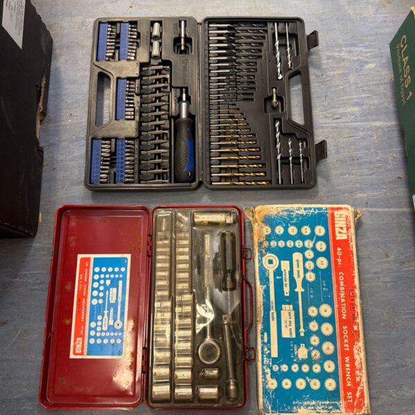 Vintage Ginza combination socket wrench set with Wickes drill bits.