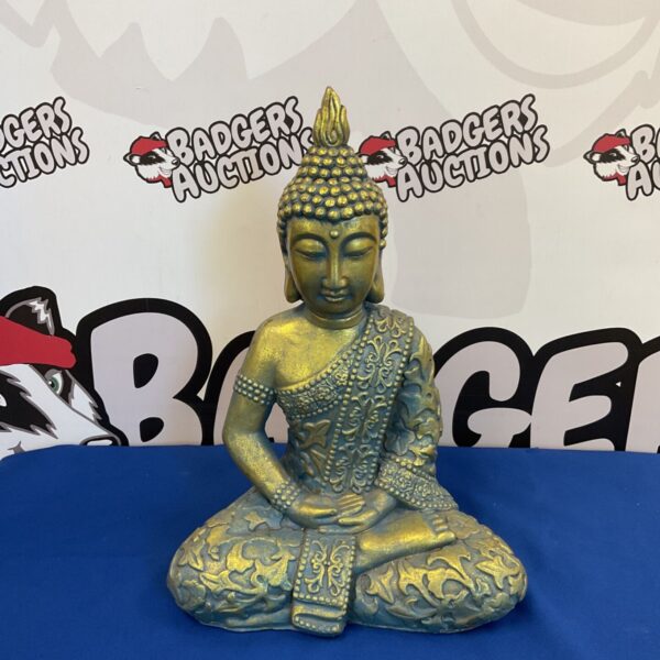 Large gold fibreglass Buddha statue for garden or home display.