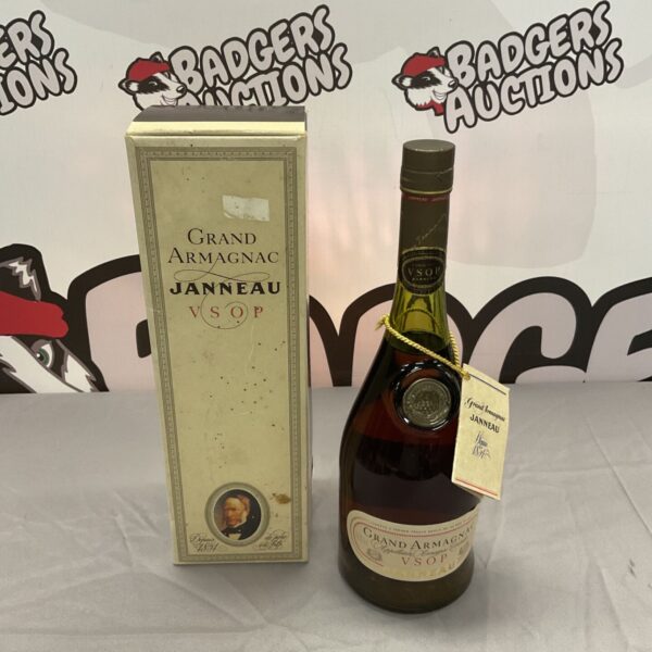 Vintage bottle of Grand Armagnac VSOP Janneau French brandy.