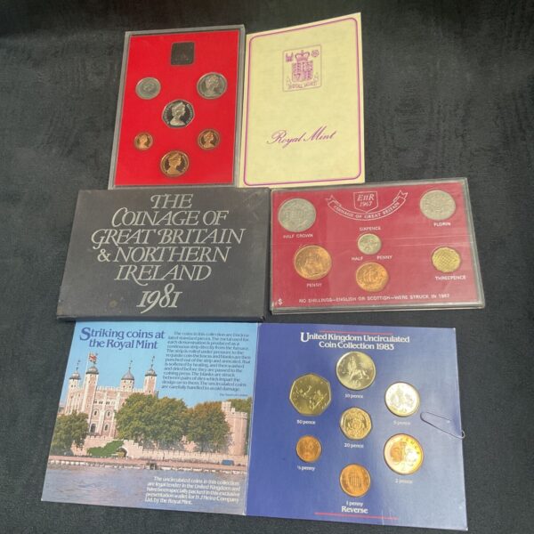 British proof coin sets from 1967, 1981 and 1983, Royal Mint collection.
