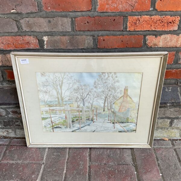 Signed H Clark watercolour painting of a peaceful river cottage scene.