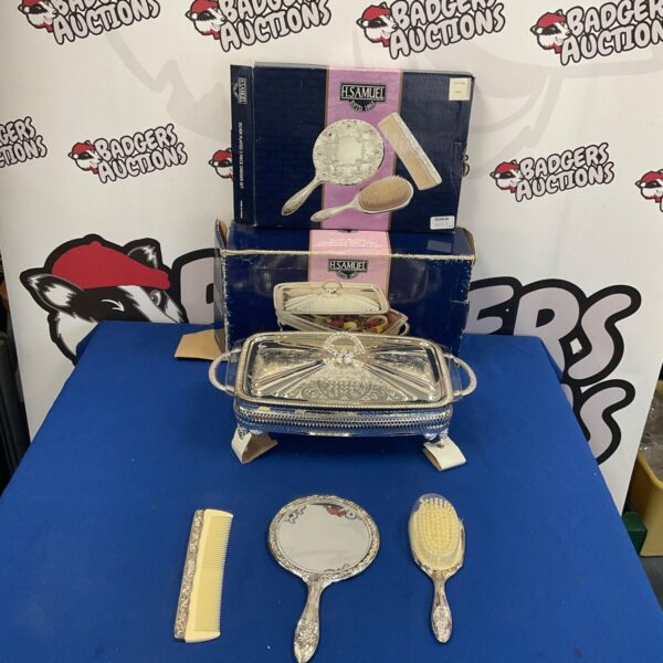 Antique H Samurel silver plated dresser set with mirror and brush.