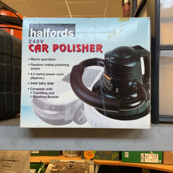 Halfords 240V car polisher with power cord visible.