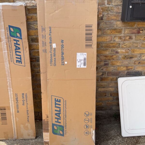 Gloss white Halite 1700mm front bath panel in original packaging.