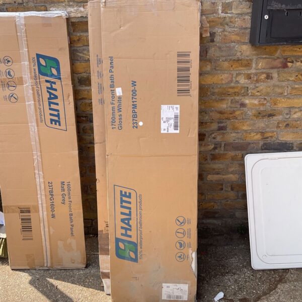 Halite 1700mm gloss white bath panel in original packaging.