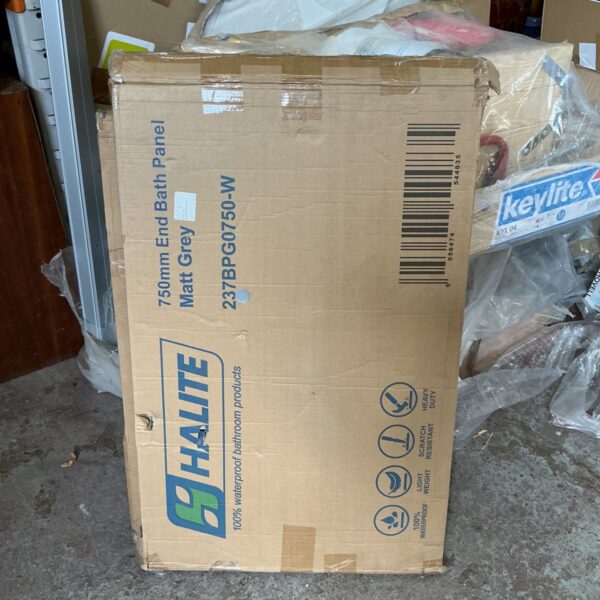 Halite 750mm matt grey bath panel, model 237BPG750-W, showing packaging.